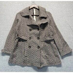 Cavalini Pea Coat Womens PXL Brown White Herringbone Wool Blend Double Breasted